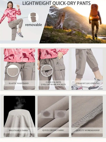 ECTOP Women'S Lightweight Convertible Zipper Hiking Pants with Pockets, Stretchy & Quick-Dry, Beige & Pink Camouflage Design