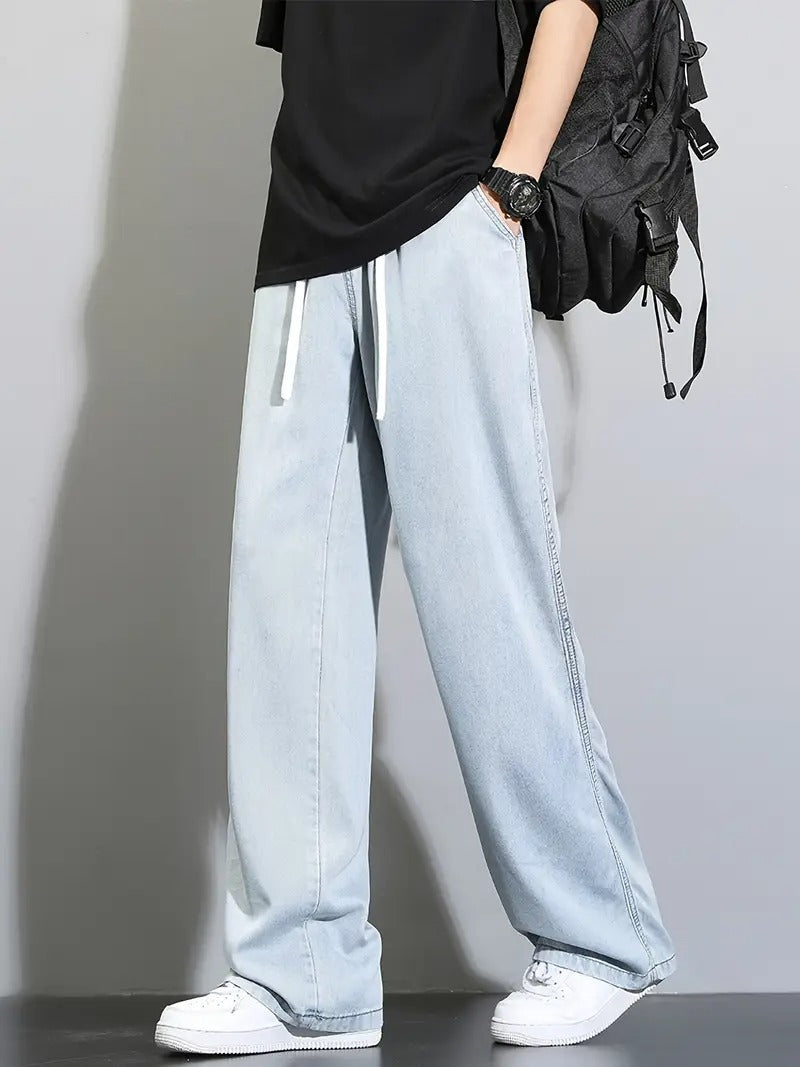Men's Lyocell Denim Jeans, Lightweight and Breathable for Spring and Summer, Loose and Comfortable, Slightly Elastic, with Drawstring at Waist, Washable, Tall and Slimming