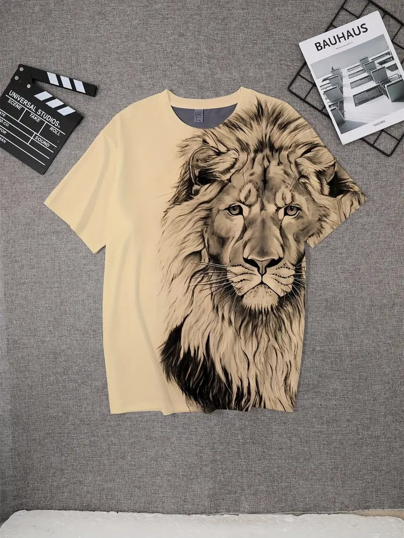 Men's Bold Lion 3D Print T-Shirt - Oversized, Short Sleeve, Crew Neck Tee with Asymmetrical Design