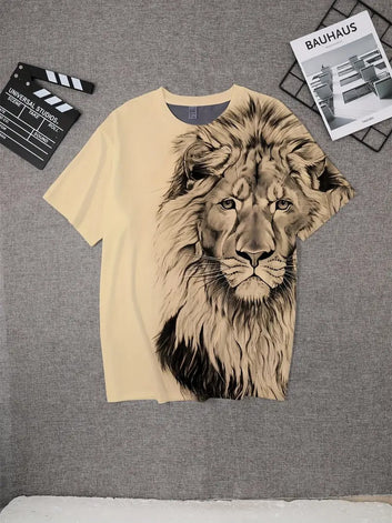 Men's Bold Lion 3D Print T-Shirt - Oversized, Short Sleeve, Crew Neck Tee with Asymmetrical Design