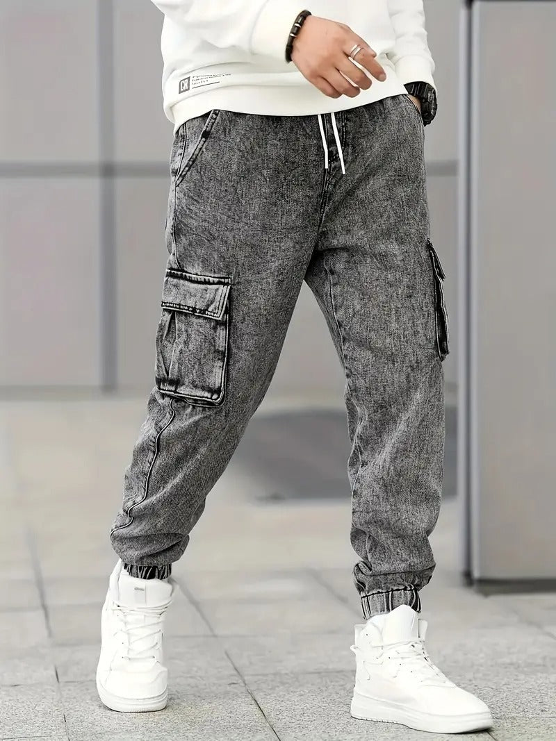 Men's Slim Fit Cargo Jeans - Stylish Gray Denim with Multiple Pockets, Durable Cotton/Polyester Blend, All-Season Wear