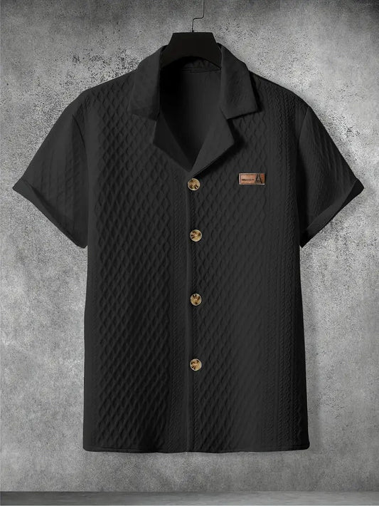 Men's Breathable Casual Turnover Short Sleeve T-shirt, Simple Carved Pattern, Lightweight and Stylish