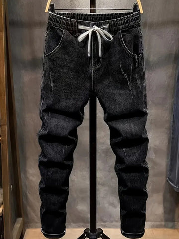 lastic Waist Drawstring Slim Fit Black Denim Jeans - Blend, Breathable, Machine Washable, Casual Style for Men & Women, Allseason Jeans | Modern Casual Jeans |