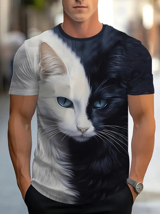 Men'S 3D Cat Print T-Shirt, Casual Crew Neck, Polyester 90% Spandex 10% Knit Fabric, Slight Stretch