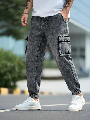 Men's Casual Denim Jeans with Adjustable Elastic Waist, Flap Pockets & Washed Finish