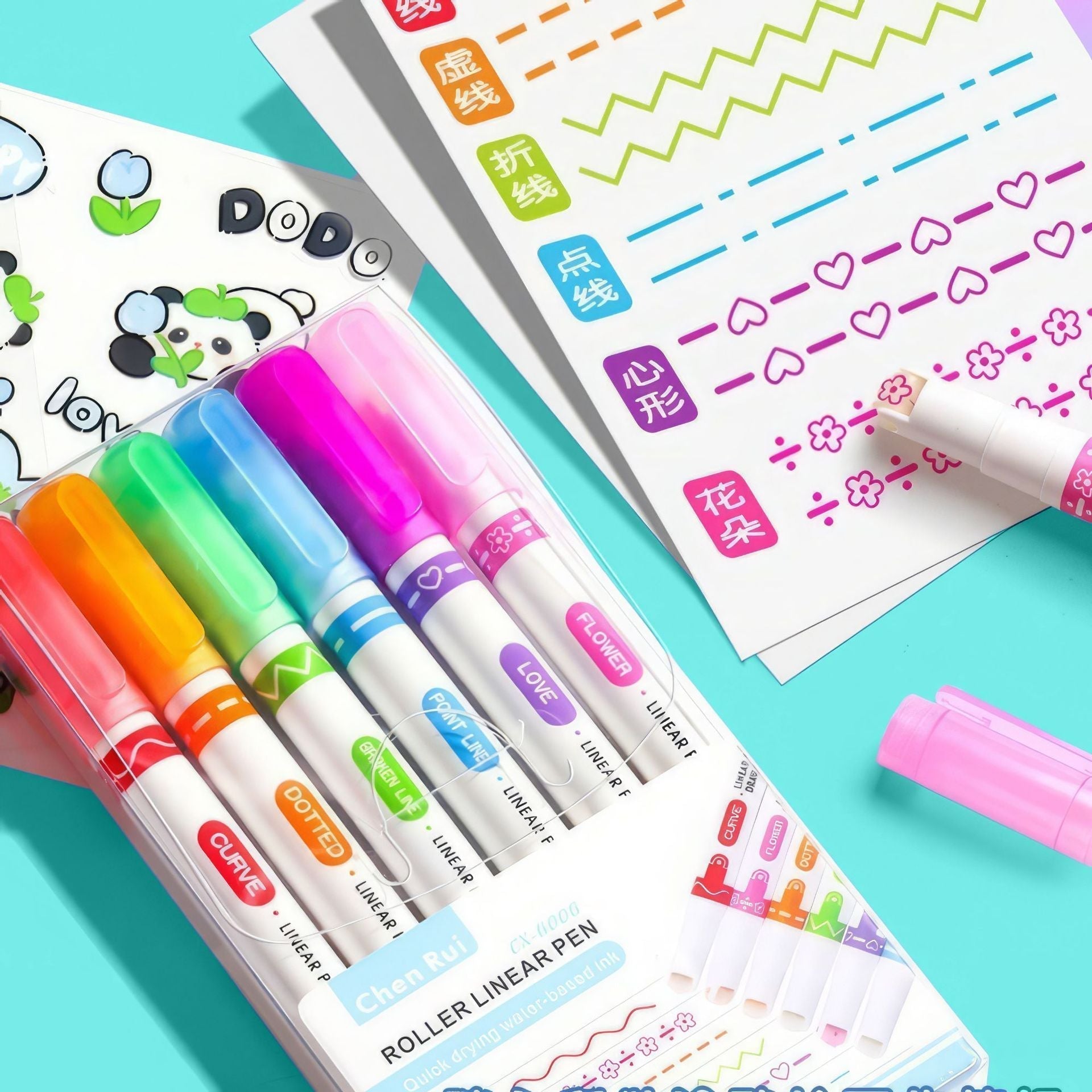 Pack Of 6 Linear Roller Design Color Pen