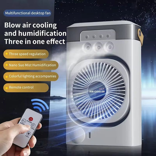 Portable air conditioning fan household 5000 mA desk humidifier small fan office three hole spray fan with color night light