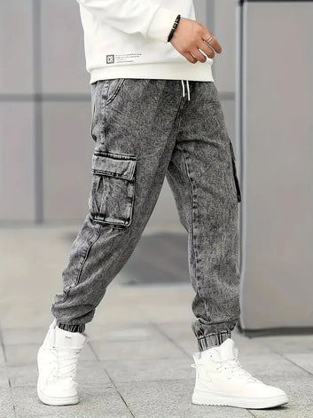 Men's Slim Fit Cargo Jeans - Stylish Gray Denim with Multiple Pockets, Durable Cotton/Polyester Blend, All-Season Wear
