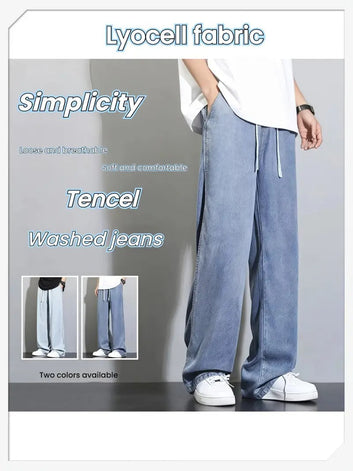 Men's Lyocell Denim Jeans, Lightweight and Breathable for Spring and Summer, Loose and Comfortable, Slightly Elastic, with Drawstring at Waist, Washable, Tall and Slimming