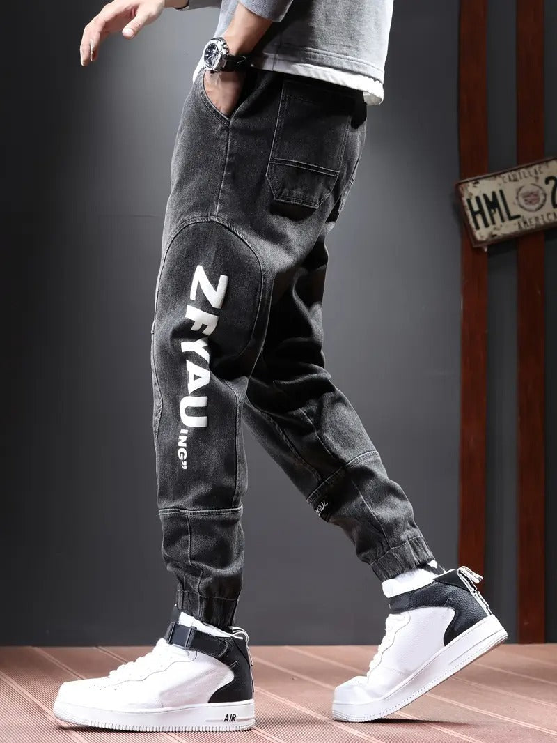 Men's Chic Cargo Jeans, Letter Print Men's Loose Denim Trousers With Multi Pockets, Spring Fall Outdoor
