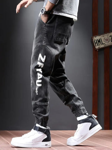 Men's Chic Cargo Jeans, Letter Print Men's Loose Denim Trousers With Multi Pockets, Spring Fall Outdoor