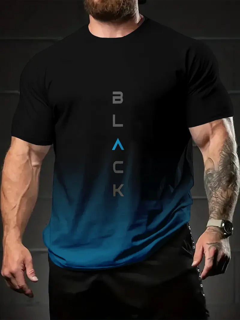 Men's Gradient Black to Blue Short-Sleeve Crewneck T-Shirt - Lightweight Polyester, Summer Casual Wear, Machine Washable