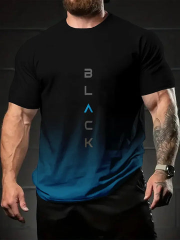 Men's Gradient Black to Blue Short-Sleeve Crewneck T-Shirt - Lightweight Polyester, Summer Casual Wear, Machine Washable